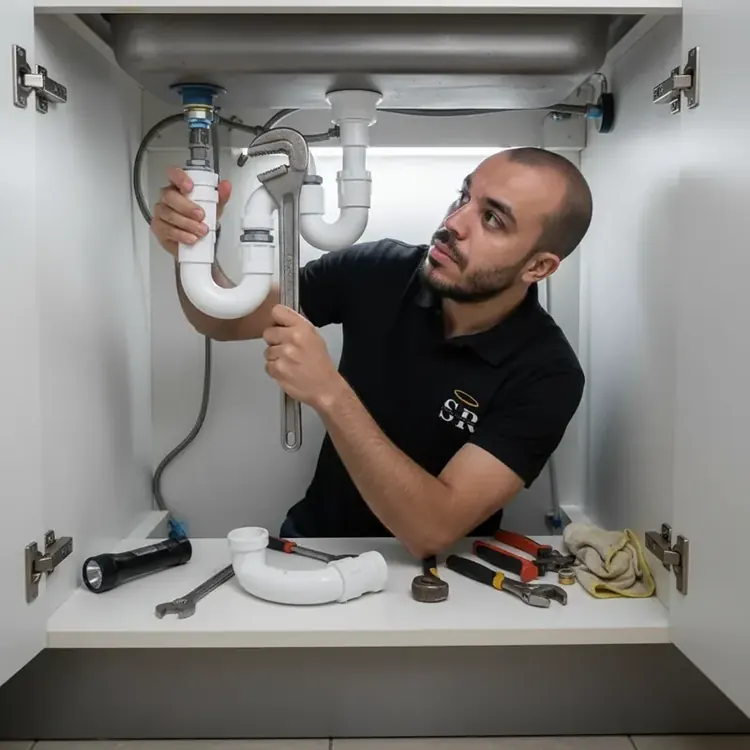 Técnico da Santos Reparos trocando sifão