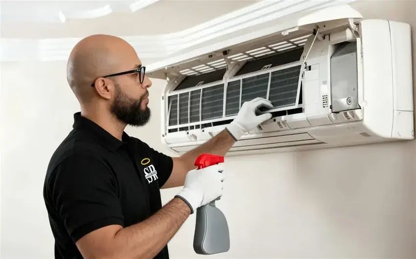 Técnico realizando higienização de ar-condicionado